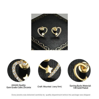 Gold Love Heart Star White Sapphire Diamond Stud Earrings for Women Wedding Engagement Bride Jewelry Gift - WORLD TIME VISITS