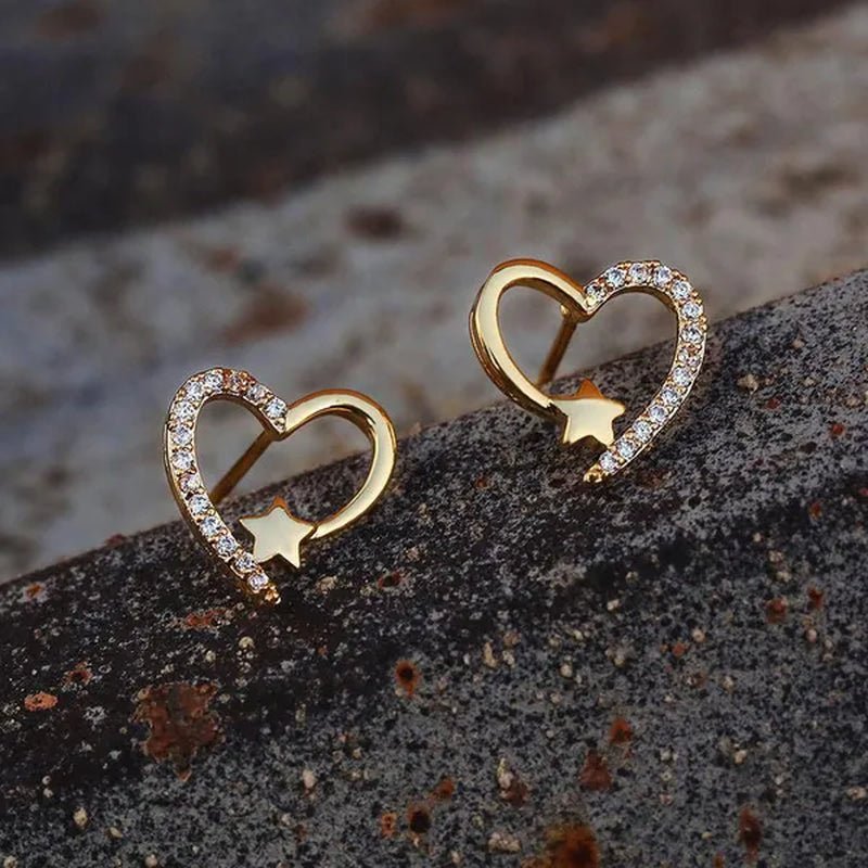 Gold Love Heart Star White Sapphire Diamond Stud Earrings for Women Wedding Engagement Bride Jewelry Gift