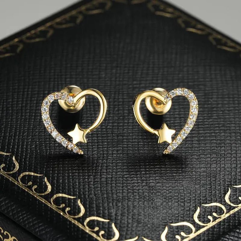 Gold Love Heart Star White Sapphire Diamond Stud Earrings for Women Wedding Engagement Bride Jewelry Gift