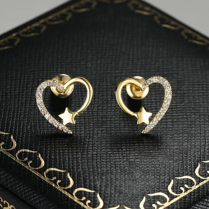 Gold Love Heart Star White Sapphire Diamond Stud Earrings for Women Wedding Engagement Bride Jewelry Gift