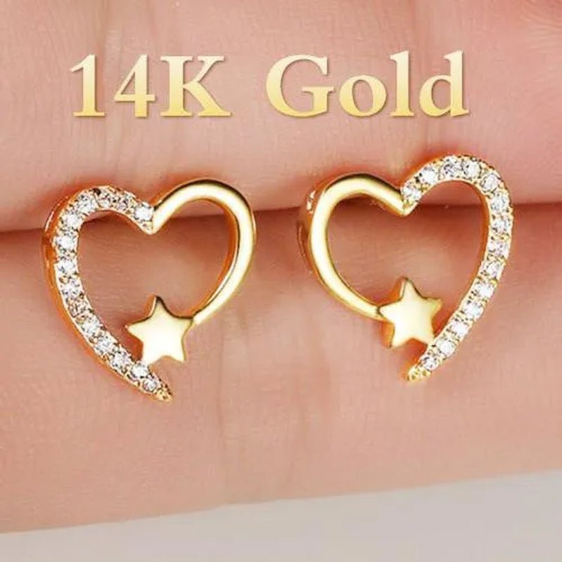 Gold Love Heart Star White Sapphire Diamond Stud Earrings for Women Wedding Engagement Bride Jewelry Gift - WORLD TIME VISITS