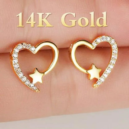 Gold Love Heart Star White Sapphire Diamond Stud Earrings for Women Wedding Engagement Bride Jewelry Gift - WORLD TIME VISITS