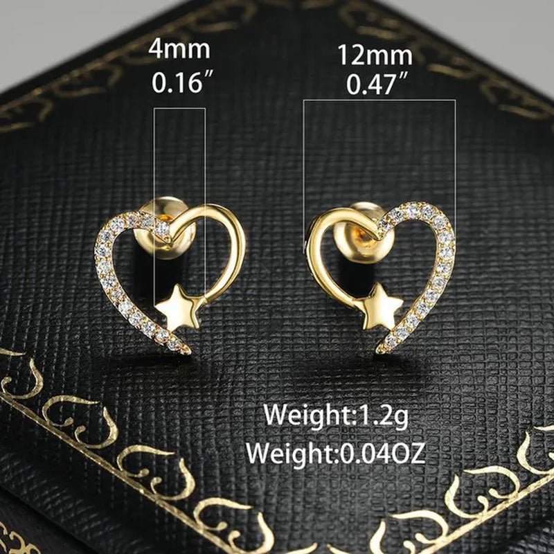 Gold Love Heart Star White Sapphire Diamond Stud Earrings for Women Wedding Engagement Bride Jewelry Gift