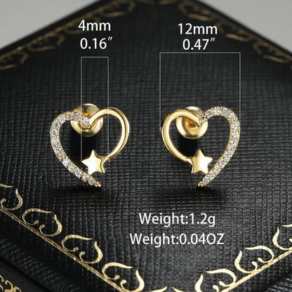 Gold Love Heart Star White Sapphire Diamond Stud Earrings for Women Wedding Engagement Bride Jewelry Gift