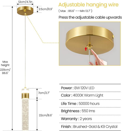 Gold Pendant Light Crystal Pendant Light Fixtures for Kitchen Island Lighting 4000K LED Modern Adjustable Chandelier Hanging Bubble Pendant Lighting (1Pack) - WORLD TIME VISITS