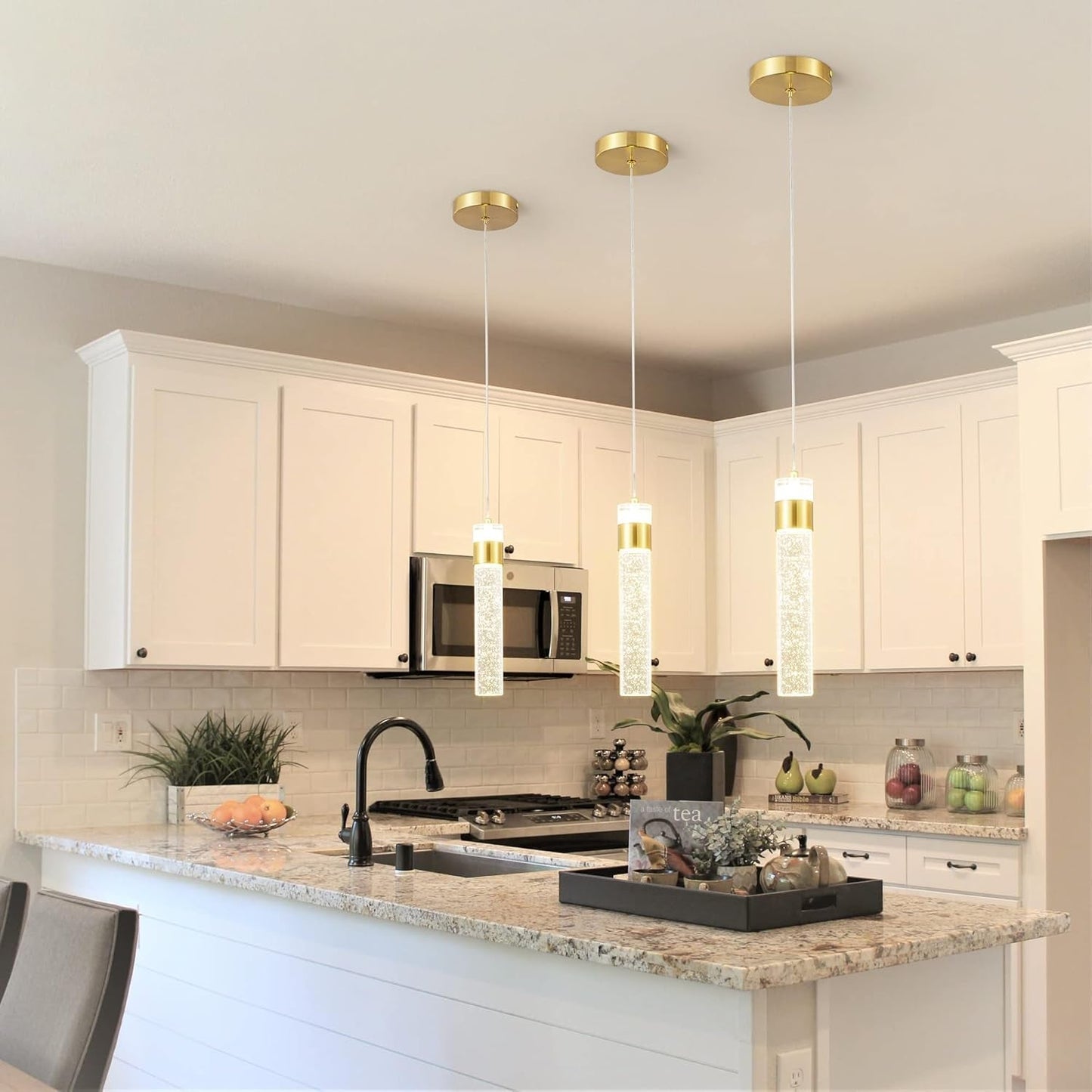 Gold Pendant Light Crystal Pendant Light Fixtures for Kitchen Island Lighting 4000K LED Modern Adjustable Chandelier Hanging Bubble Pendant Lighting (1Pack)