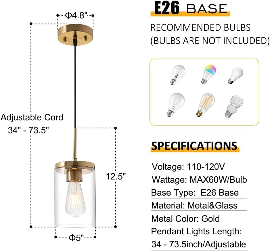 Gold Pendant Light Fixtures,5 Inch Globe Pendant Lights Kitchen Island with Clear Glass,Hanging Lights for Kitchen Island, Dining Room, Bedroom, Hallway, Farmhouse - 2 Pack - WORLD TIME VISITS