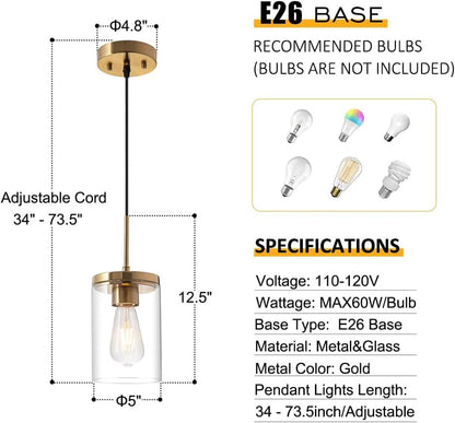 Gold Pendant Light Fixtures,5 Inch Globe Pendant Lights Kitchen Island with Clear Glass,Hanging Lights for Kitchen Island, Dining Room, Bedroom, Hallway, Farmhouse - 2 Pack - WORLD TIME VISITS