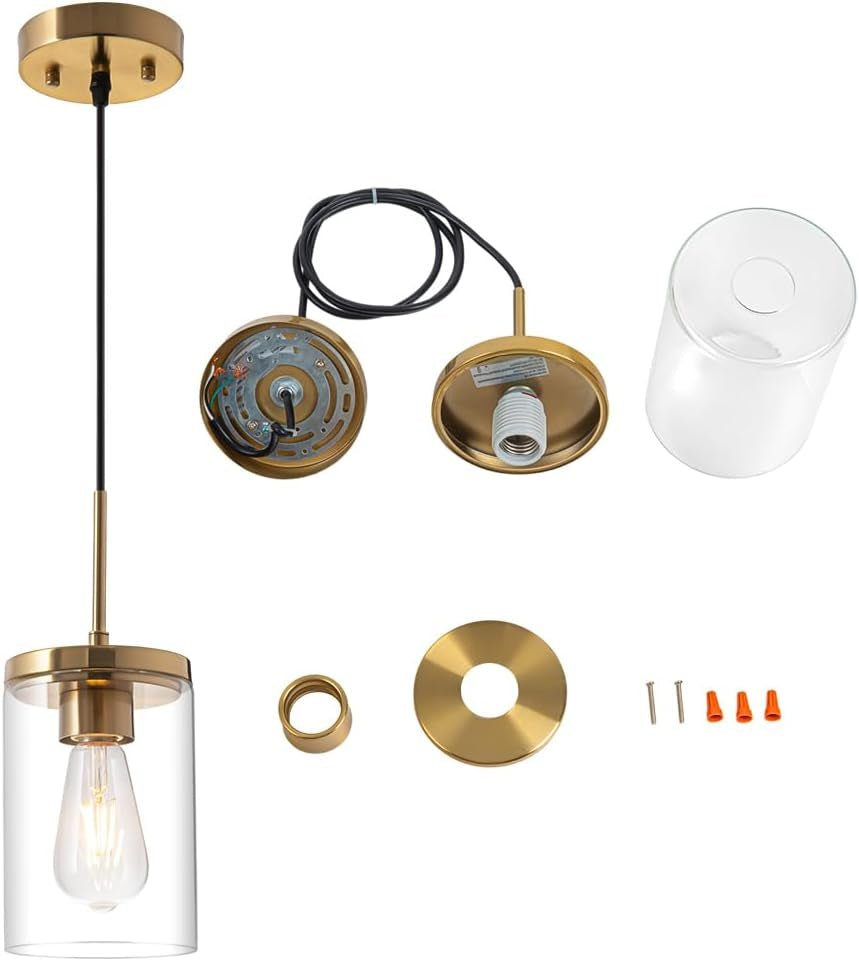 Gold Pendant Light Fixtures,5 Inch Globe Pendant Lights Kitchen Island with Clear Glass,Hanging Lights for Kitchen Island, Dining Room, Bedroom, Hallway, Farmhouse - 2 Pack