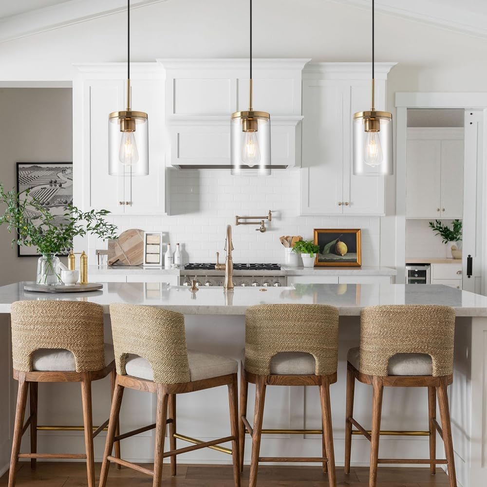 Gold Pendant Light Fixtures,5 Inch Globe Pendant Lights Kitchen Island with Clear Glass,Hanging Lights for Kitchen Island, Dining Room, Bedroom, Hallway, Farmhouse - 2 Pack