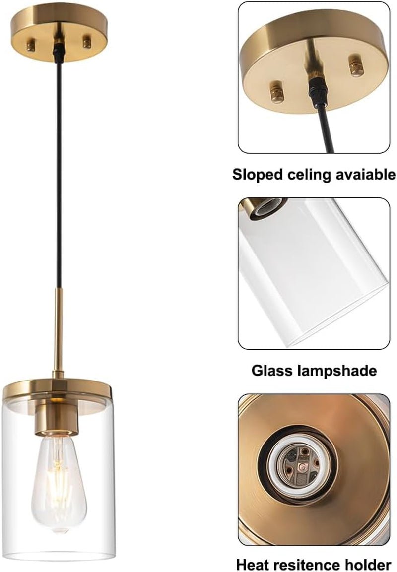 Gold Pendant Light Fixtures,5 Inch Globe Pendant Lights Kitchen Island with Clear Glass,Hanging Lights for Kitchen Island, Dining Room, Bedroom, Hallway, Farmhouse - 2 Pack - WORLD TIME VISITS