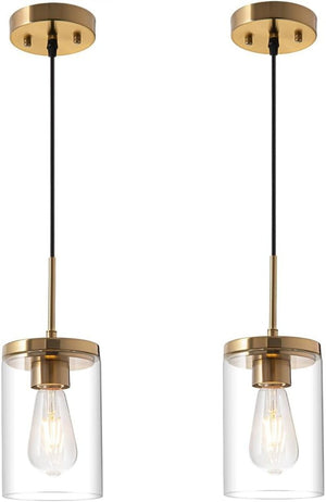 Gold Pendant Light Fixtures,5 Inch Globe Pendant Lights Kitchen Island with Clear Glass,Hanging Lights for Kitchen Island, Dining Room, Bedroom, Hallway, Farmhouse - 2 Pack