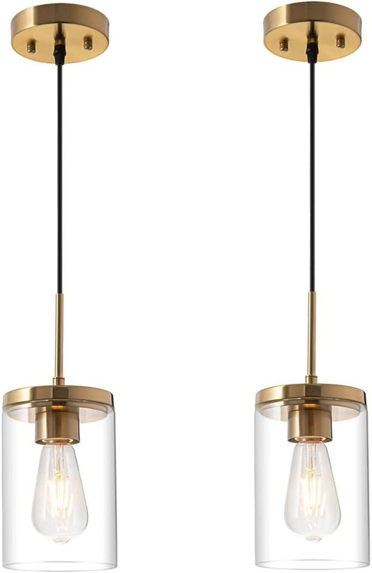 Gold Pendant Light Fixtures,5 Inch Globe Pendant Lights Kitchen Island with Clear Glass,Hanging Lights for Kitchen Island, Dining Room, Bedroom, Hallway, Farmhouse - 2 Pack - WORLD TIME VISITS