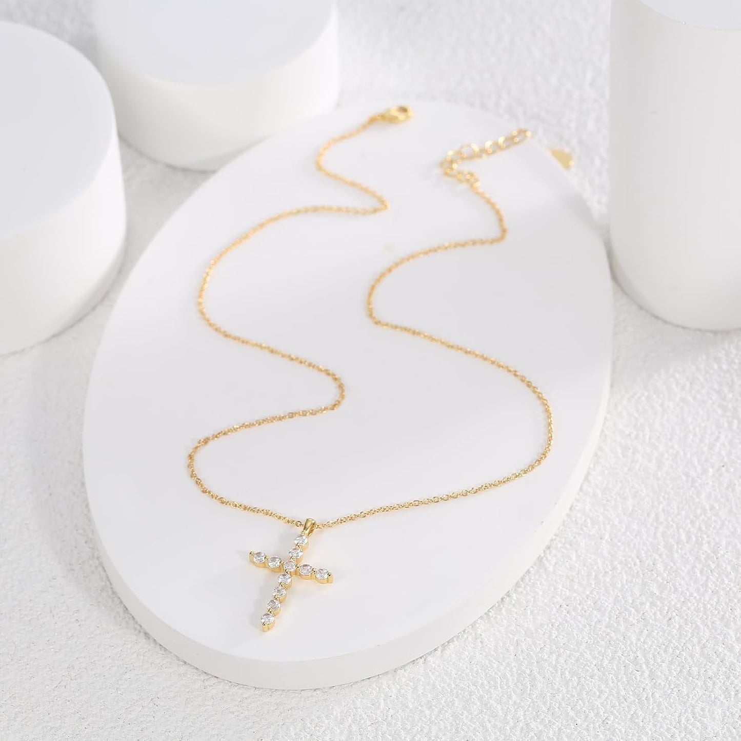 Gold Plated Cross Pendant Necklace, Cross Necklace with Cubic Zirconia, Tarnish-Resistant Cross Pendant Necklace 17 Inches Chain for Women & Men