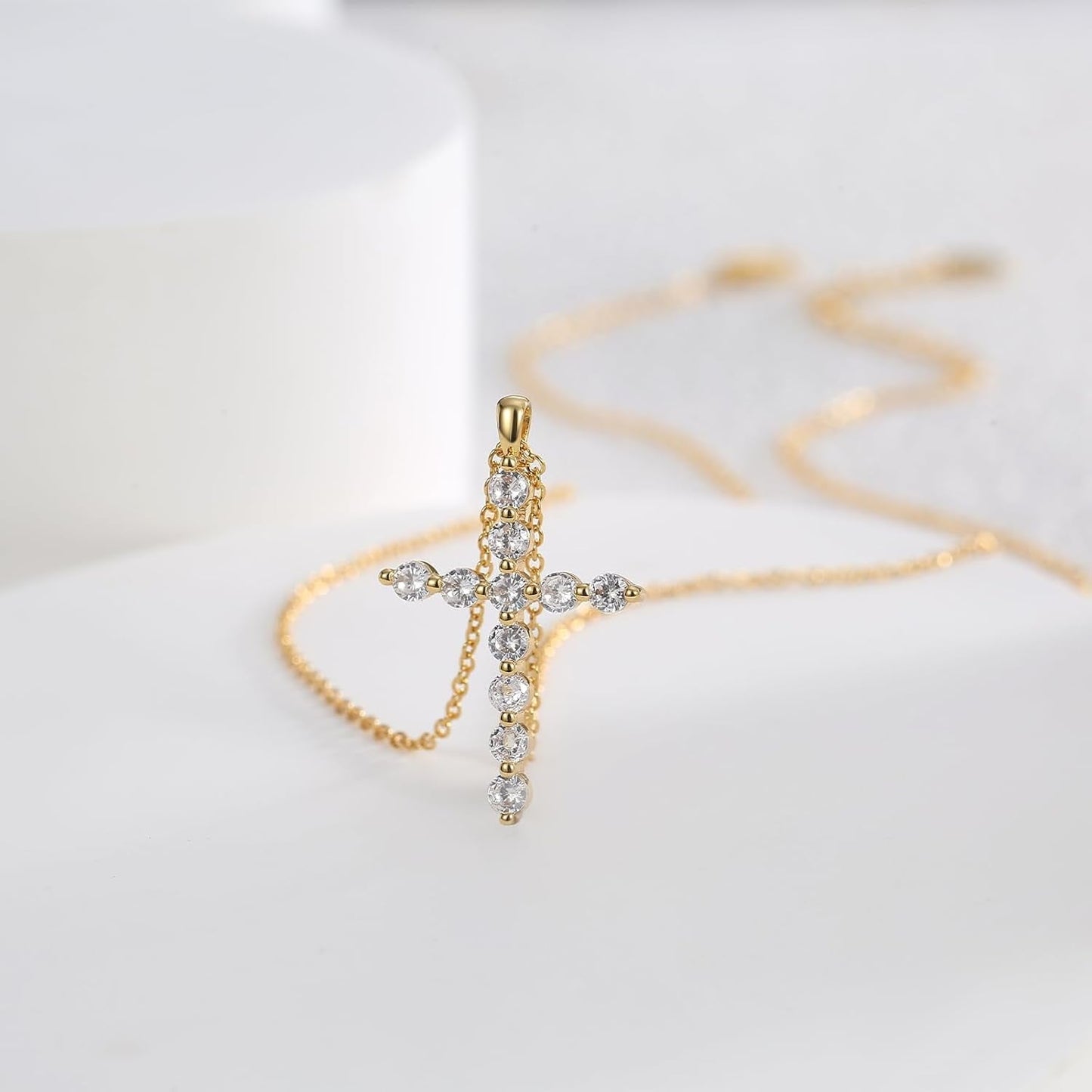 Gold Plated Cross Pendant Necklace, Cross Necklace with Cubic Zirconia, Tarnish-Resistant Cross Pendant Necklace 17 Inches Chain for Women & Men