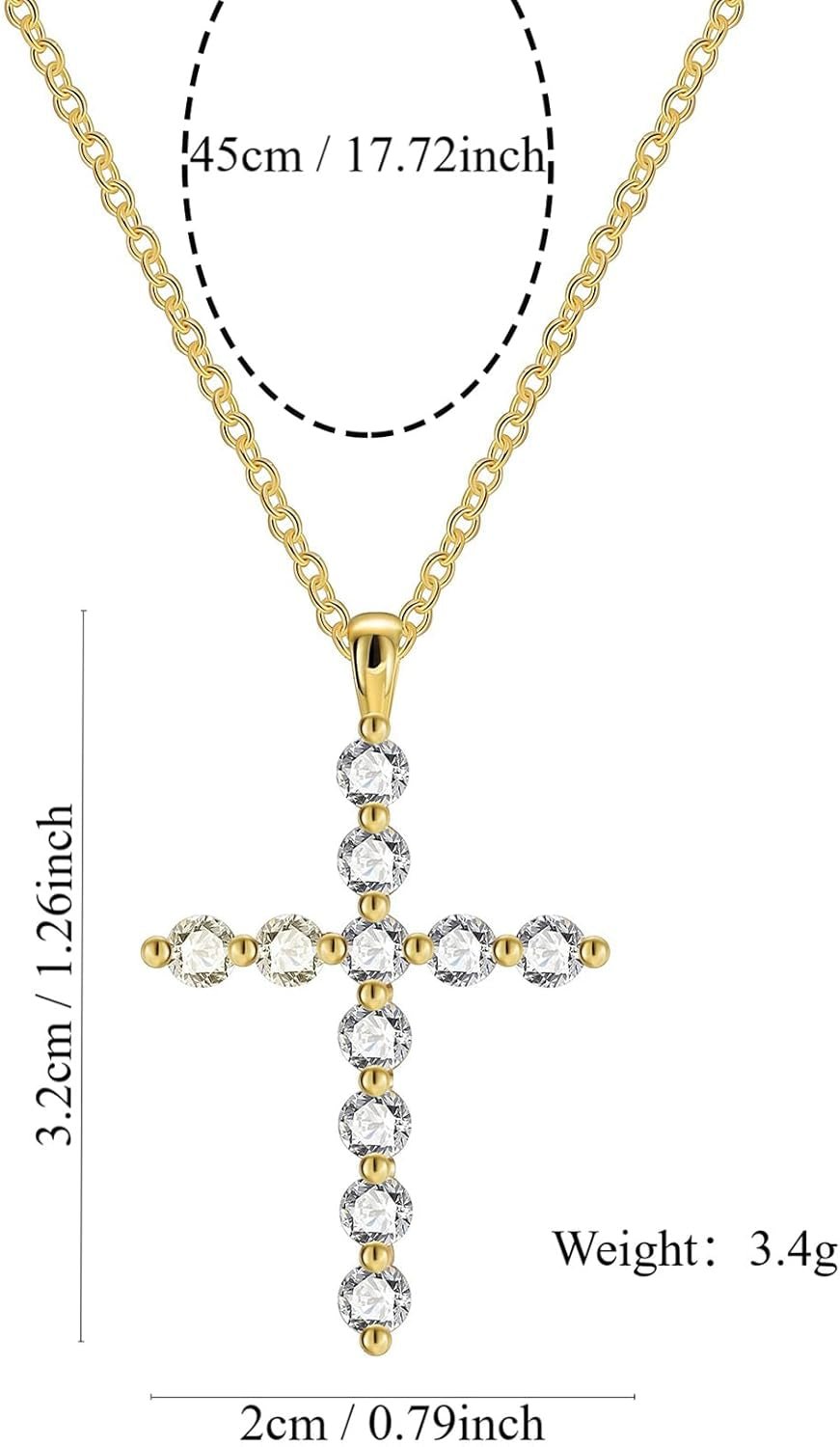 Gold Plated Cross Pendant Necklace, Cross Necklace with Cubic Zirconia, Tarnish - Resistant Cross Pendant Necklace 17 Inches Chain for Women & Men - WORLD TIME VISITS