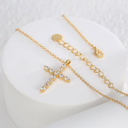 Gold Plated Cross Pendant Necklace, Cross Necklace with Cubic Zirconia, Tarnish-Resistant Cross Pendant Necklace 17 Inches Chain for Women & Men