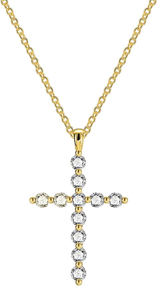 Gold Plated Cross Pendant Necklace, Cross Necklace with Cubic Zirconia, Tarnish - Resistant Cross Pendant Necklace 17 Inches Chain for Women & Men - WORLD TIME VISITS