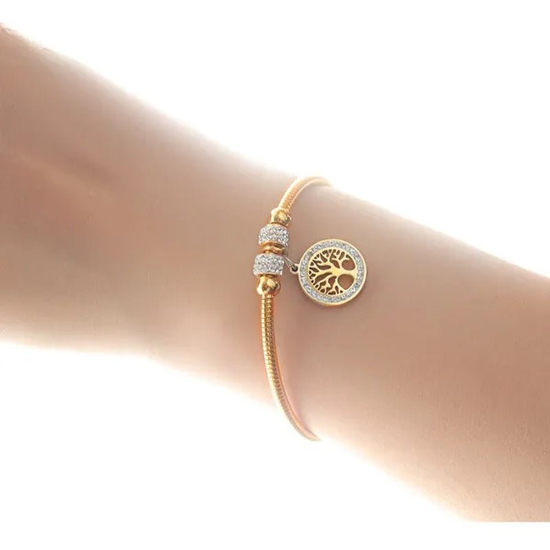 Gold Plated  Tree of Life Bangle Bracelet Women Stainless Steel Family Tree Charm Bracelets with AAA Rhinestones & Magnetic Buckle
