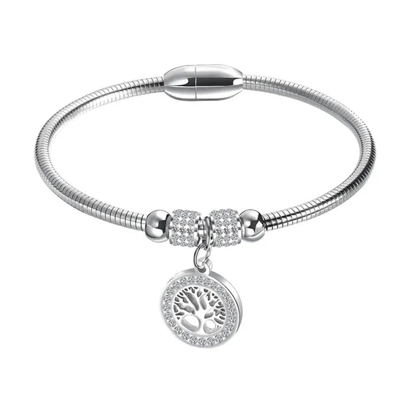 Gold Plated  Tree of Life Bangle Bracelet Women Stainless Steel Family Tree Charm Bracelets with AAA Rhinestones & Magnetic Buckle