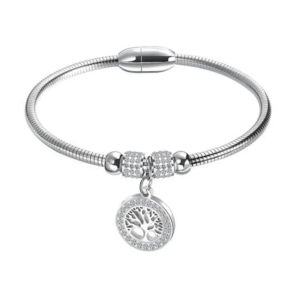 Gold Plated  Tree of Life Bangle Bracelet Women Stainless Steel Family Tree Charm Bracelets with AAA Rhinestones & Magnetic Buckle