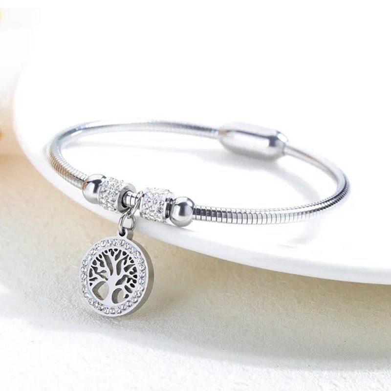 Gold Plated  Tree of Life Bangle Bracelet Women Stainless Steel Family Tree Charm Bracelets with AAA Rhinestones & Magnetic Buckle