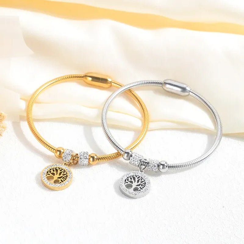 Gold Plated Tree of Life Bangle Bracelet Women Stainless Steel Family Tree Charm Bracelets with AAA Rhinestones & Magnetic Buckle - WORLD TIME VISITS