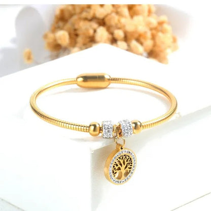 Gold Plated  Tree of Life Bangle Bracelet Women Stainless Steel Family Tree Charm Bracelets with AAA Rhinestones & Magnetic Buckle