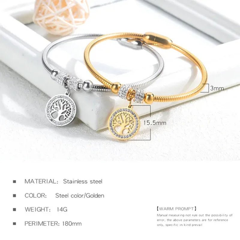 Gold Plated  Tree of Life Bangle Bracelet Women Stainless Steel Family Tree Charm Bracelets with AAA Rhinestones & Magnetic Buckle