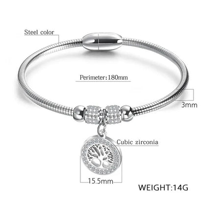 Gold Plated  Tree of Life Bangle Bracelet Women Stainless Steel Family Tree Charm Bracelets with AAA Rhinestones & Magnetic Buckle