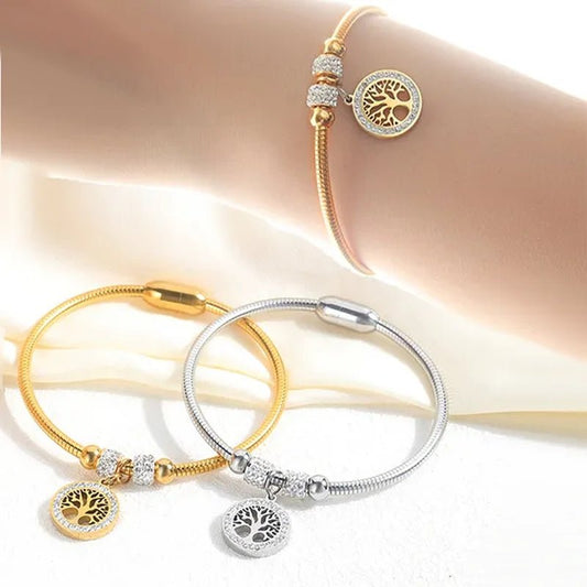 Gold Plated Tree of Life Bangle Bracelet Women Stainless Steel Family Tree Charm Bracelets with AAA Rhinestones & Magnetic Buckle - WORLD TIME VISITS