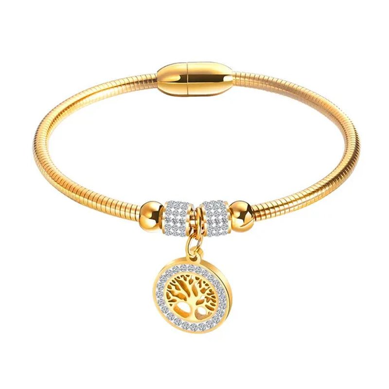 Gold Plated  Tree of Life Bangle Bracelet Women Stainless Steel Family Tree Charm Bracelets with AAA Rhinestones & Magnetic Buckle