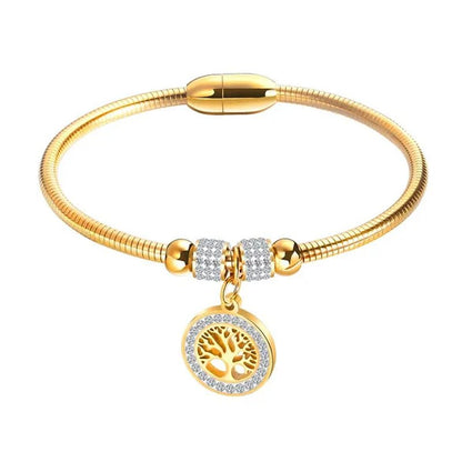 Gold Plated  Tree of Life Bangle Bracelet Women Stainless Steel Family Tree Charm Bracelets with AAA Rhinestones & Magnetic Buckle