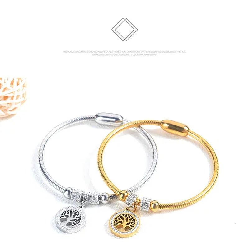 Gold Plated Tree of Life Bangle Bracelet Women Stainless Steel Family Tree Charm Bracelets with AAA Rhinestones & Magnetic Buckle - WORLD TIME VISITS