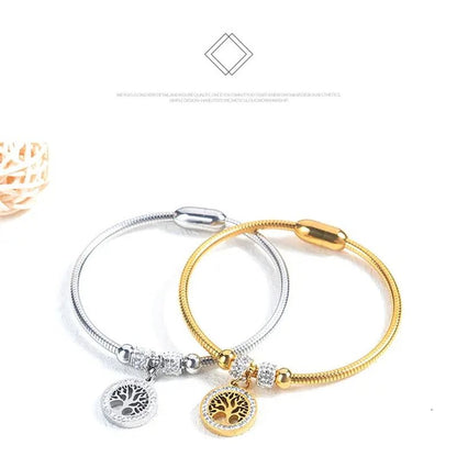 Gold Plated Tree of Life Bangle Bracelet Women Stainless Steel Family Tree Charm Bracelets with AAA Rhinestones & Magnetic Buckle - WORLD TIME VISITS