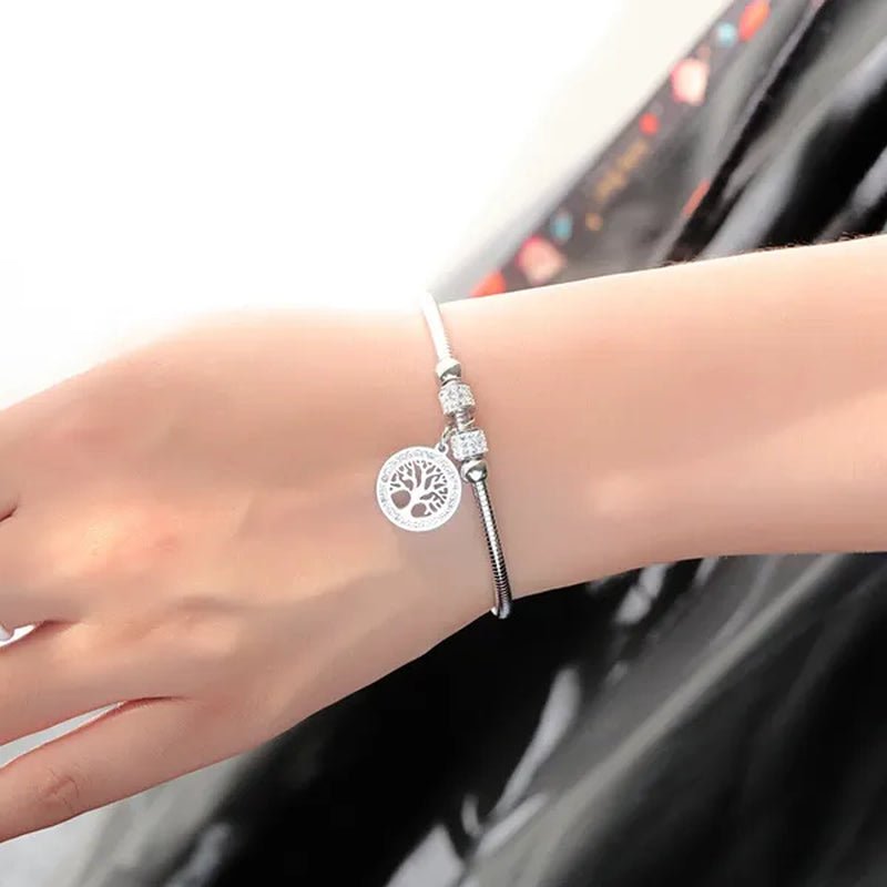 Gold Plated Tree of Life Bangle Bracelet Women Stainless Steel Family Tree Charm Bracelets with AAA Rhinestones & Magnetic Buckle - WORLD TIME VISITS