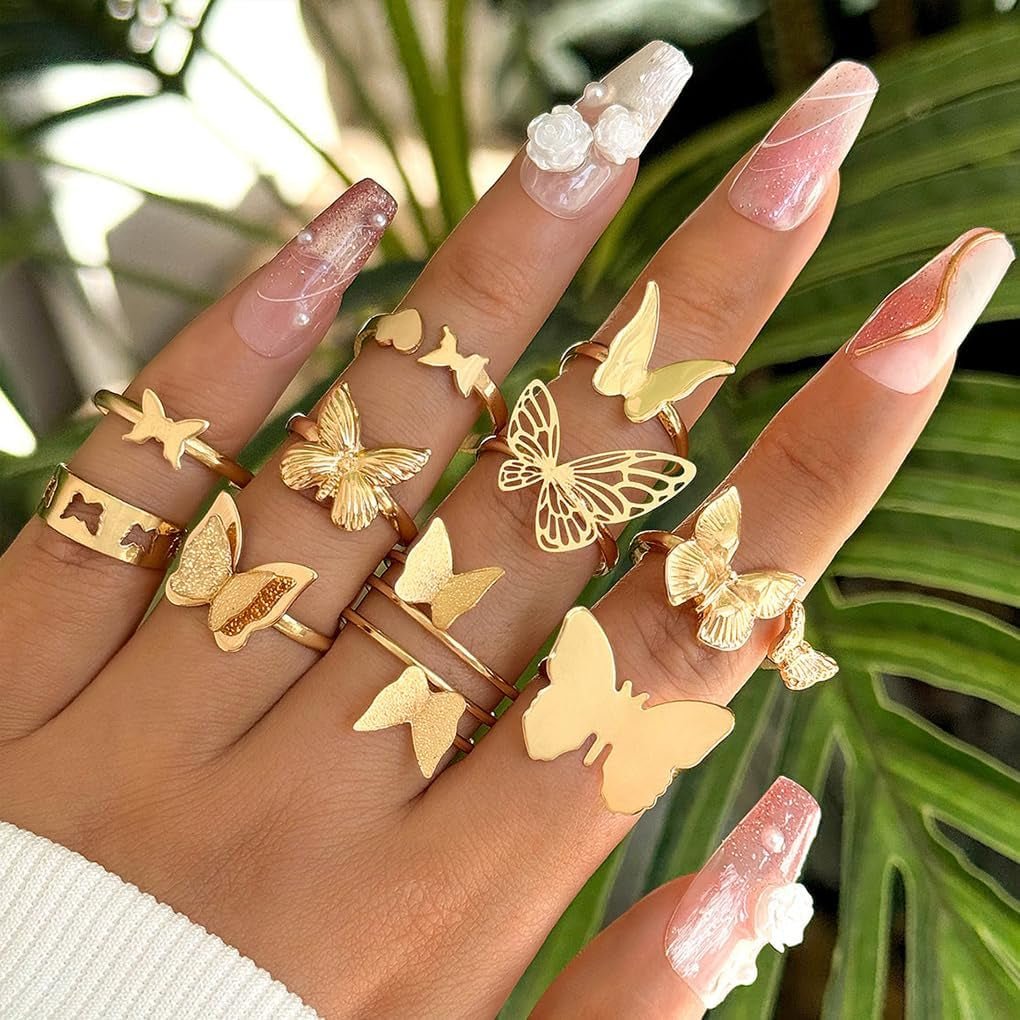 Gold Rings for Women Boho Chunky Cubic Zirconia Butterfly Pearl Heart Knuckle Rings Geometric Dome Star Leaf Statement Rings Trendy Jewelry Gifts - WORLD TIME VISITS