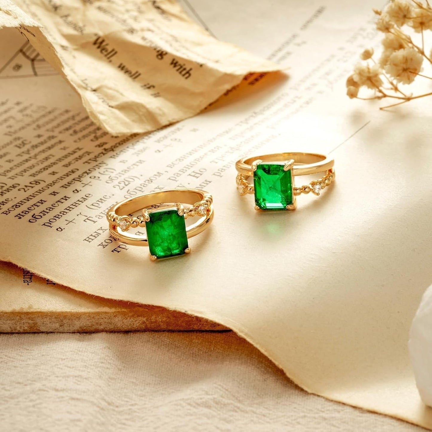 Gold Simulated Emerald Rings 14K Gold Plated Rings for Women Dainty Green Rings Stacking Ring Statement Ring Cut Simulated Emerald Gemstones CZ Gold Rings Band Size 6 to 8