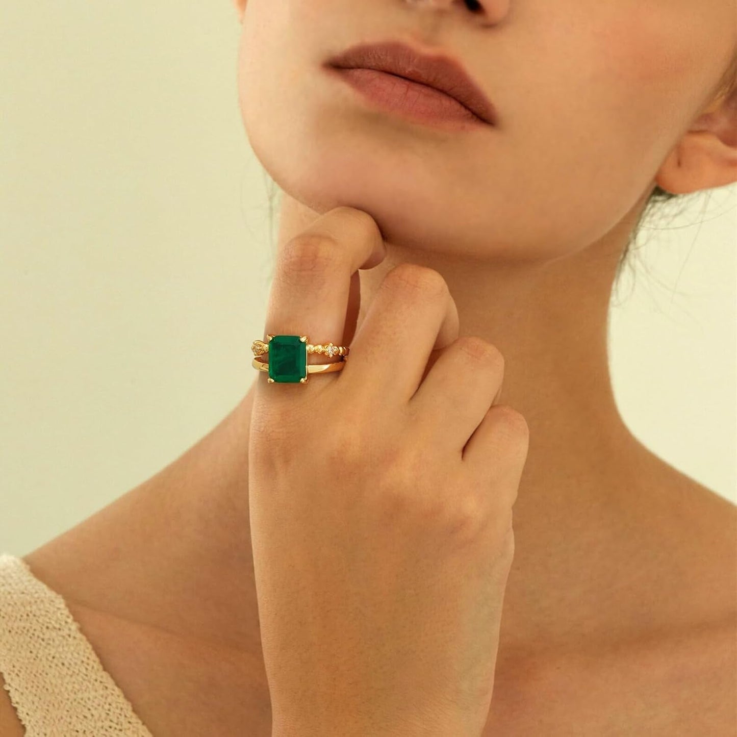 Gold Simulated Emerald Rings 14K Gold Plated Rings for Women Dainty Green Rings Stacking Ring Statement Ring Cut Simulated Emerald Gemstones CZ Gold Rings Band Size 6 to 8 - WORLD TIME VISITS