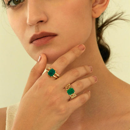 Gold Simulated Emerald Rings 14K Gold Plated Rings for Women Dainty Green Rings Stacking Ring Statement Ring Cut Simulated Emerald Gemstones CZ Gold Rings Band Size 6 to 8