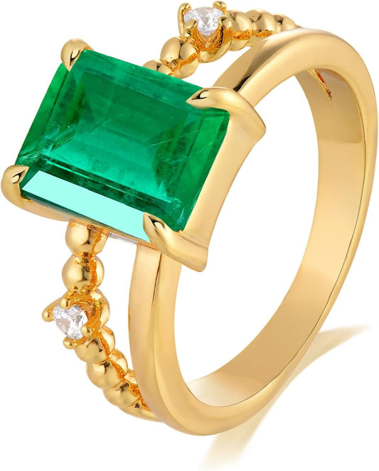 Gold Simulated Emerald Rings 14K Gold Plated Rings for Women Dainty Green Rings Stacking Ring Statement Ring Cut Simulated Emerald Gemstones CZ Gold Rings Band Size 6 to 8 - WORLD TIME VISITS