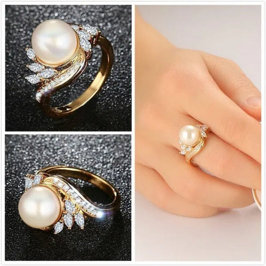 Gold Womens Girls Band Ring for Wedding Promise Engagement Copper Cubic Zirconia Freshwater Cultured Pearl Ring Size 5 - 12 - WORLD TIME VISITS
