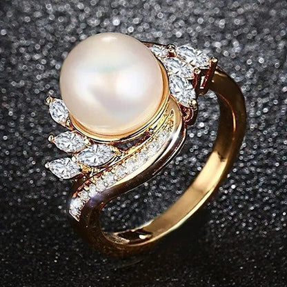 Gold Womens Girls Band Ring for Wedding Promise Engagement Copper Cubic Zirconia Freshwater Cultured Pearl Ring Size 5-12