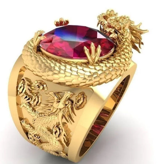 Golden Dragon Inlaid Ruby Ring - WORLD TIME VISITS
