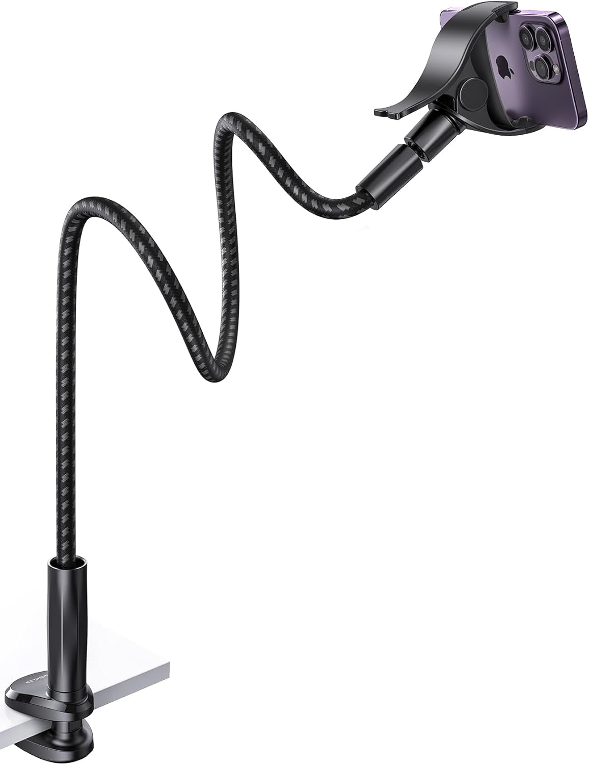 Gooseneck Phone Holder for Bed - [2025 Upgrade Nylon Braid] 38” Long Flexible Lazy Arm Clip, 360 Adjustable Overhead Phone Mount for Iphone 15 14 13 12 11 Pro Max Mini Plus, All 4 - 7" Cellphone - WORLD TIME VISITS