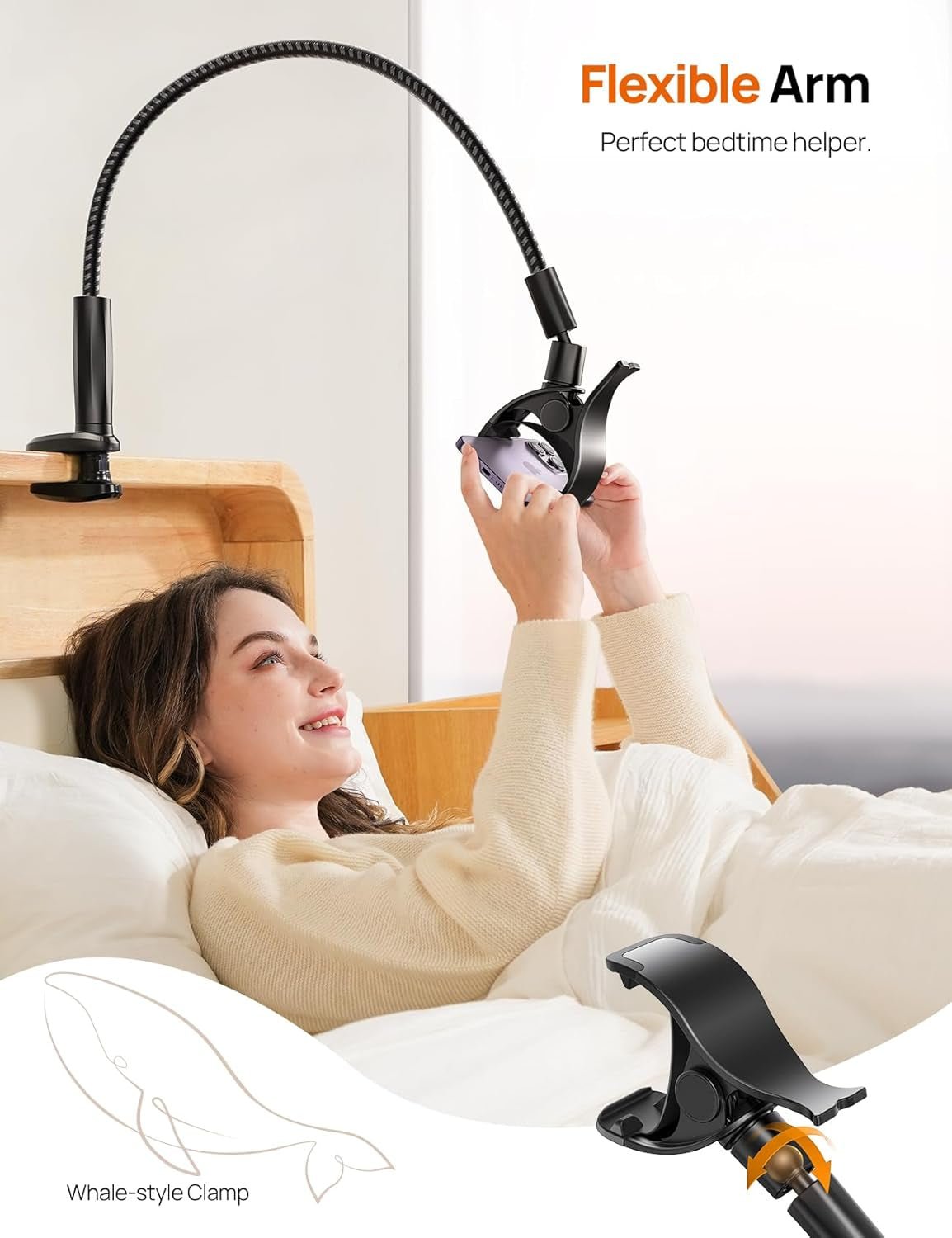 Gooseneck Phone Holder for Bed - [2025 Upgrade Nylon Braid] 38” Long Flexible Lazy Arm Clip, 360 Adjustable Overhead Phone Mount for Iphone 15 14 13 12 11 Pro Max Mini Plus, All 4 - 7" Cellphone - WORLD TIME VISITS