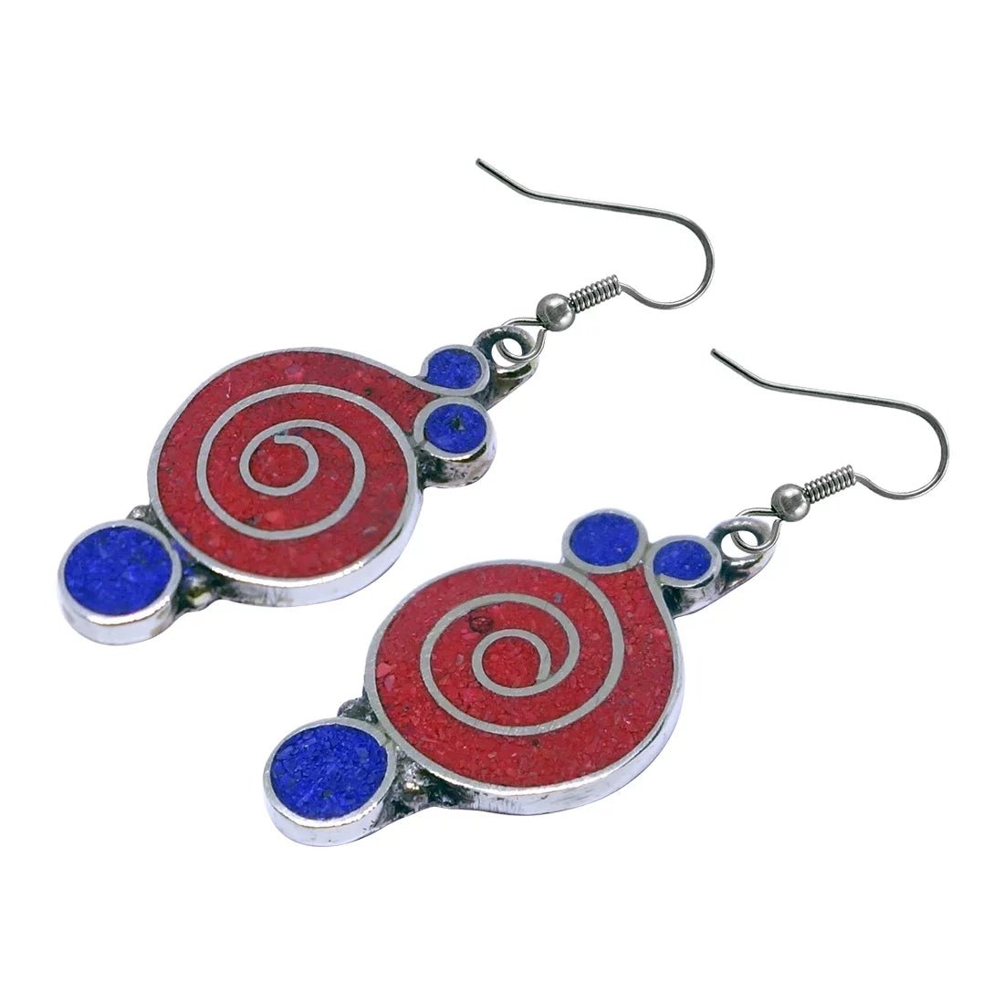 Gorgeous Handmade Compressed Red Coral & Lapis Lazuli Gemstone Inlay Drop Dangle Earring for Women & Teens 925 Silver Plated Ethnic Gypsy Boho Fashion Designer Party Earring Jewelry