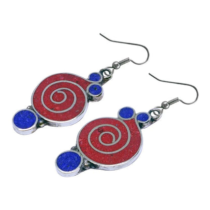 Gorgeous Handmade Compressed Red Coral & Lapis Lazuli Gemstone Inlay Drop Dangle Earring for Women & Teens 925 Silver Plated Ethnic Gypsy Boho Fashion Designer Party Earring Jewelry