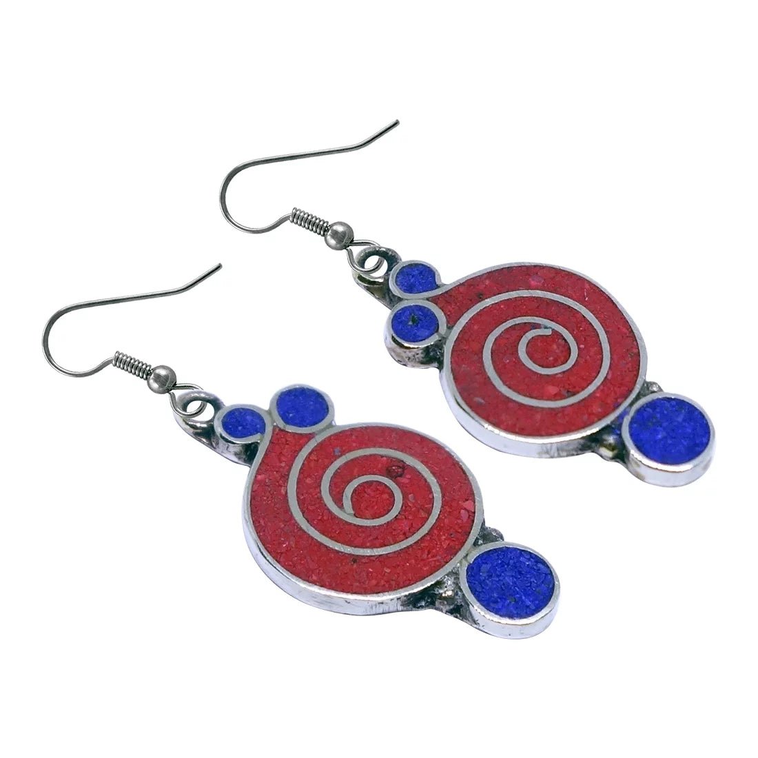Gorgeous Handmade Compressed Red Coral & Lapis Lazuli Gemstone Inlay Drop Dangle Earring for Women & Teens 925 Silver Plated Ethnic Gypsy Boho Fashion Designer Party Earring Jewelry