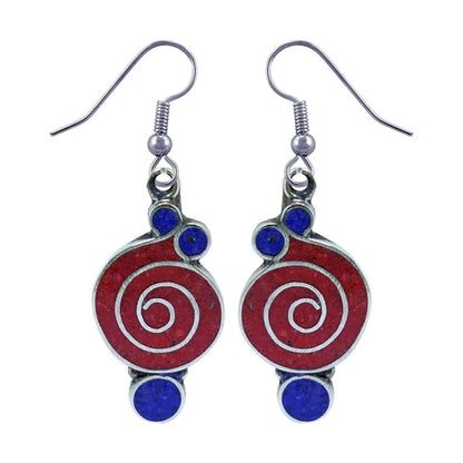 Gorgeous Handmade Compressed Red Coral & Lapis Lazuli Gemstone Inlay Drop Dangle Earring for Women & Teens 925 Silver Plated Ethnic Gypsy Boho Fashion Designer Party Earring Jewelry - WORLD TIME VISITS
